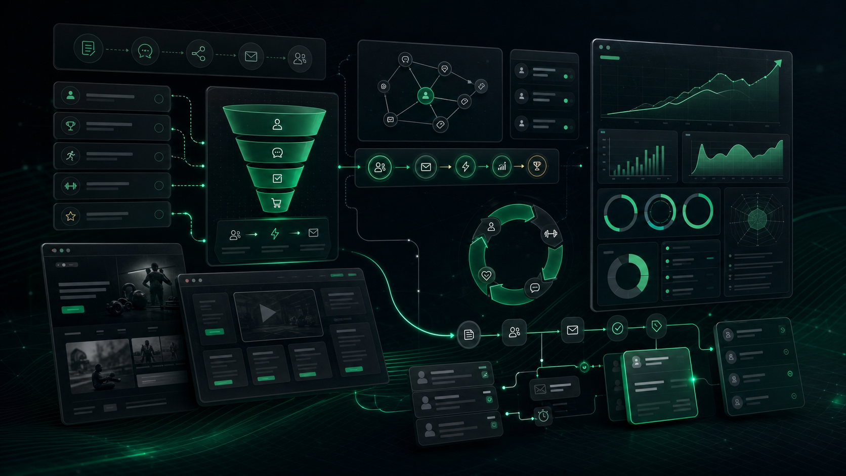 Tmavý emerald dashboard s quiz funnelem, lead filtrem, KPI kartami a CRM tokem pro Playbook Pro.